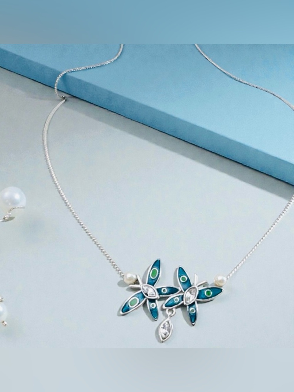 Nina Ricci Silver Necklace with  Enamel Floral/Butterfly Pendants NWT